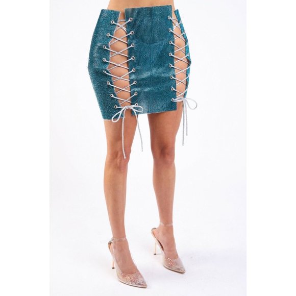 Sexy Full Rhinestones 4 Sides White Lace Up Stretch Party Rave Club Mini Skirt - Picture 2 of 8